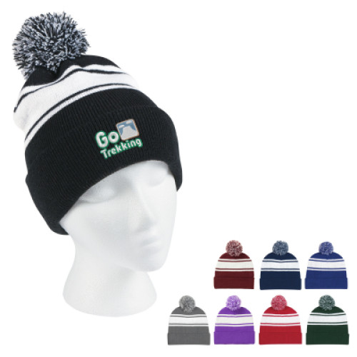 Embroidered Two-Tone Knit Pom Beanie With Cuff Embroidered Two-Tone Knit Pom Beanie With Cuff